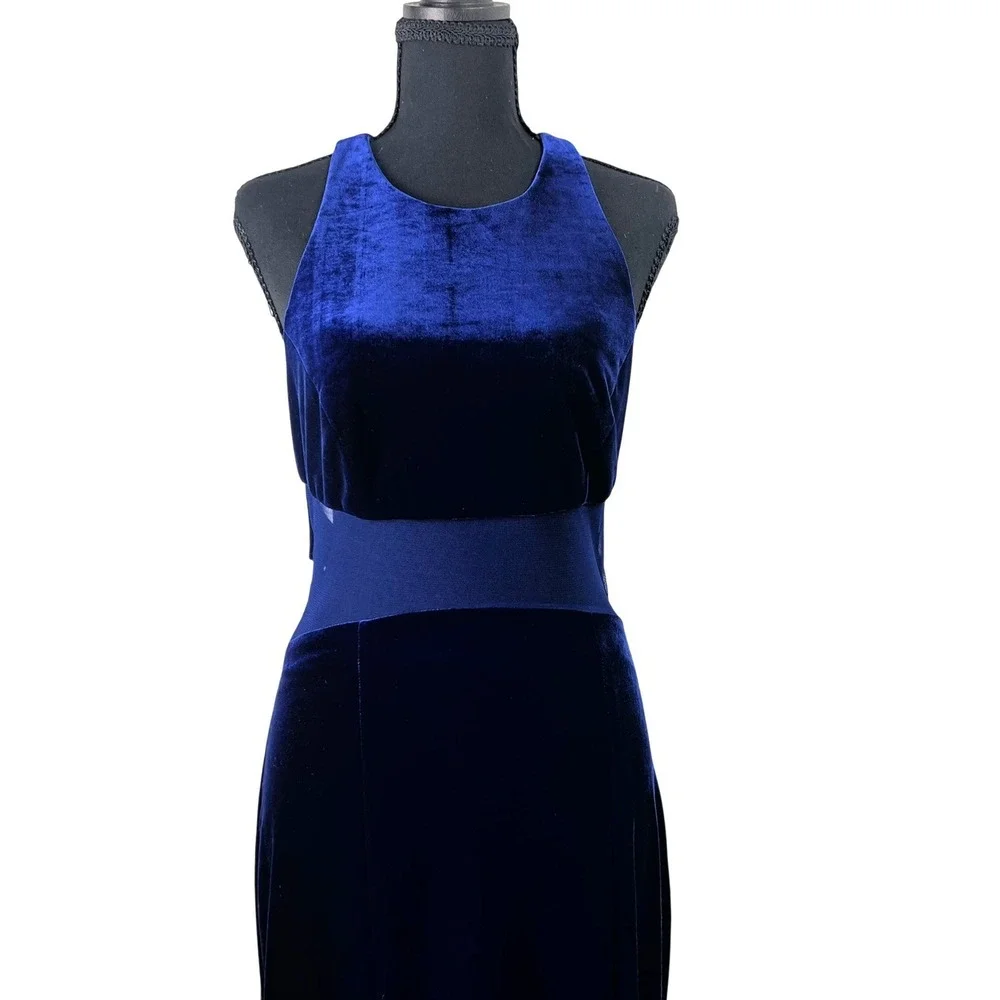 VTG Morgan & Co Royal Blue Velvet Mesh Maxi Dress S Prom Old Hollywood Open Back - Picture 2 of 11